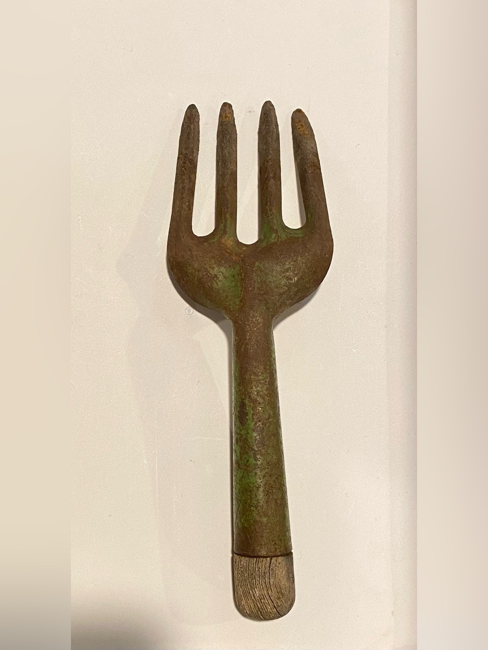 Vintage industrial style garden fork- green metal tynes and wooden cap - antique